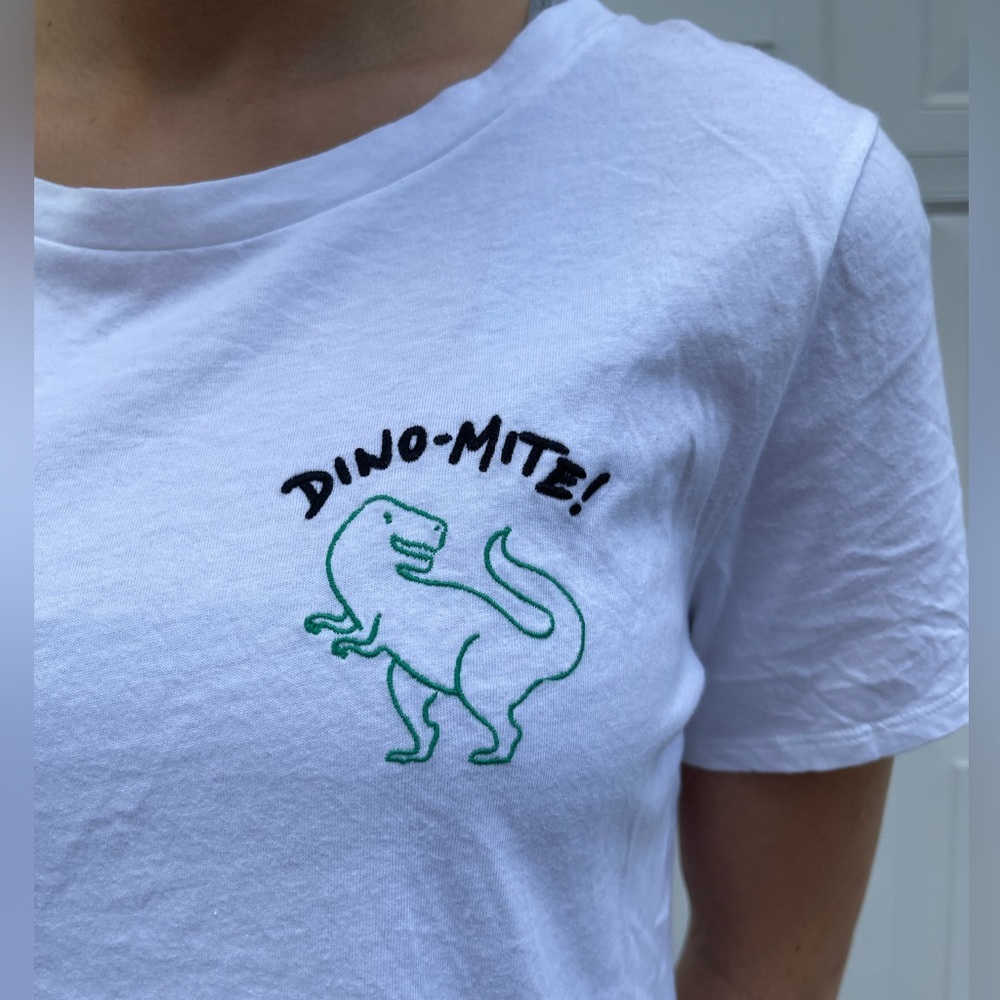 “DINO-MITE” tshirt with green dinosaur